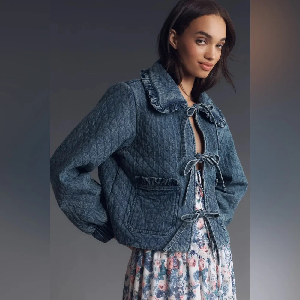 Anthropologie The Maura Bow-Tie Denim Jacket by Avec Les Filles - Medium - Picture 8 of 8
